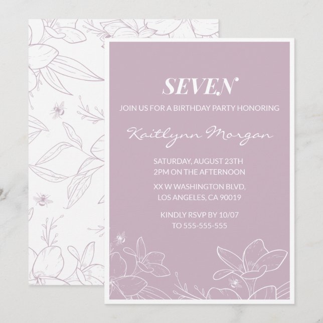 Elegant 7th birthday invitations Modern Floral (Front/Back)