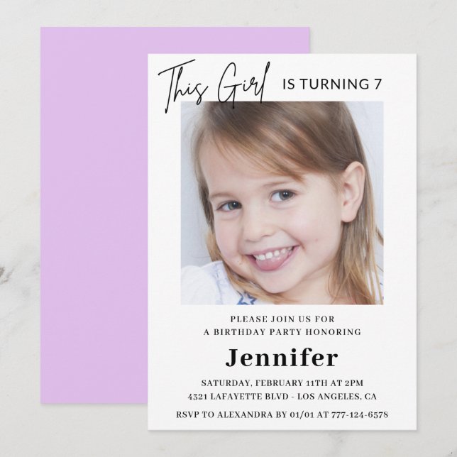Elegant 7th birthday invitations Photo Girl Modern (Front/Back)
