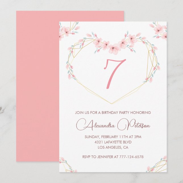 Elegant 7th birthday invitations Pink Floral  (Front/Back)