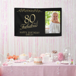 Elegant 80 and Fabulous Birthday Photo Black  Banner