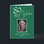 Elegant 80 and Fabulous Twigs 80th Birthday Photo Card<br><div class="desc">Elegant 80 and Fabulous Silver Twigs 80th Birthday Photo Card. 80 and fabulous text in trendy script and an elegant silver twig with leaves on a elegant deep green background. Personalise it with your name and photo, and make personalised elegant birthday card. Add your birthday note inside the card or...</div>