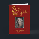 Elegant 80 and Fabulous Twigs 80th Birthday Photo Card<br><div class="desc">Elegant 80 and Fabulous Gold Twigs 80th Birthday Photo Card. 80 and fabulous text in trendy golden script and an elegant gold twig with leaves on a red background. Personalize it with your name and photo, and make personalized elegant birthday card. Add your birthday note inside the card or erase...</div>