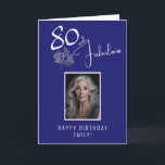 Elegant 80 and Fabulous Twigs 80th Birthday Photo Card<br><div class="desc">Elegant 80 and Fabulous Silver Twigs 80th Birthday Photo Card. 80 and fabulous text in trendy cream script and an elegant silver twig with leaves on a elegant blue background. Personalize it with your name and photo, and make personalized elegant birthday card. Add your birthday note inside the card or...</div>