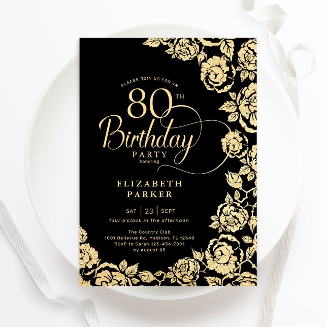 Elegant 80th Birthday Black Gold Roses Invitation (Creator Uploaded)