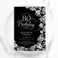 Elegant 80th Birthday Black Silver Roses