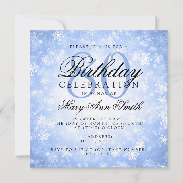 Elegant 80th Birthday Blue Winter Wonderland Invitation (Front)