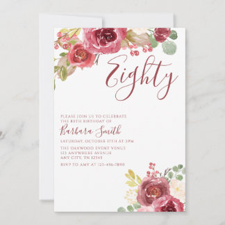 Elegant 80th Birthday Burgundy Watercolor Floral Invitation