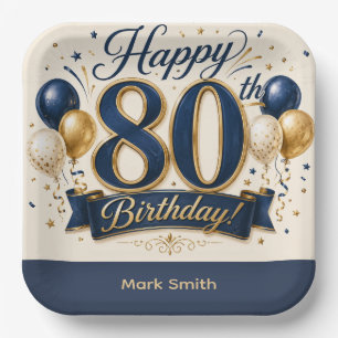 Elegant 80th Birthday Card Navy Blue and Gold Paper Plate