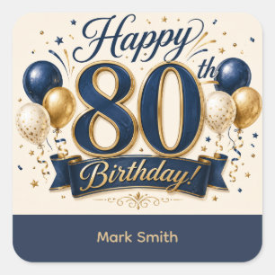 Elegant 80th Birthday Card Navy Blue and Gold Square Sticker