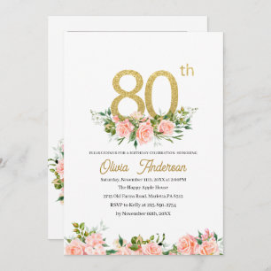 Elegant 80th  Birthday Celebration Watercolor Glit Invitation