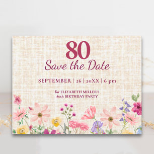 Elegant 80th Birthday for Her - Linen Floral Announcement Postcard