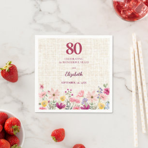 Elegant 80th Birthday for Her - Linen Floral Napkin