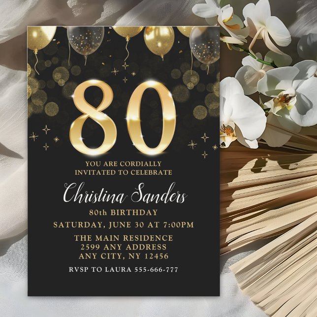 Elegant 80th Birthday Invitation with Gold Ballons (Creator Uploaded)