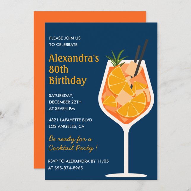Elegant 80th birthday invitations Cocktail Navy (Front/Back)