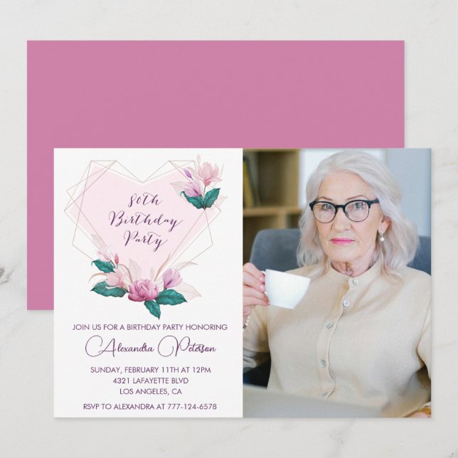 Elegant 80th birthday invitations Floral Photo (Front/Back)
