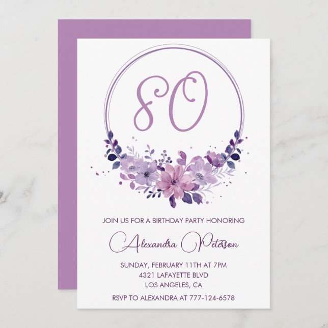 Elegant 80th birthday invitations Floral Purple (Front/Back)