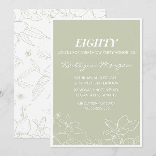 Elegant 80th birthday invitations Modern Floral  (Front/Back)