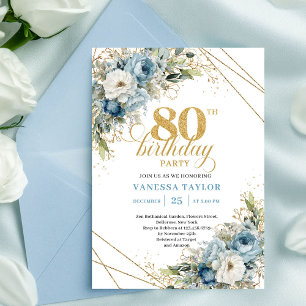 Elegant 80th Birthday Invite Dusty Blue Flowers Go