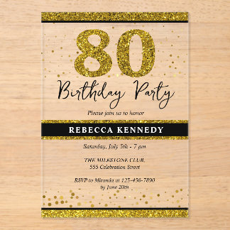 Elegant 80th Birthday Party Black And Gold Glitter Acrylic Invitations