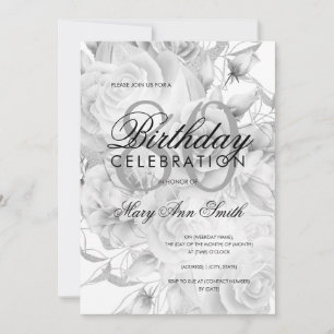 Elegant 80th Birthday Party Floral Silver White Invitation