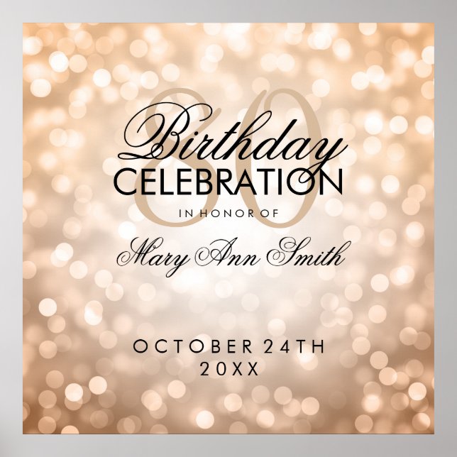 Elegant 80th Birthday Party Glitter Lights Copper Poster (Front)
