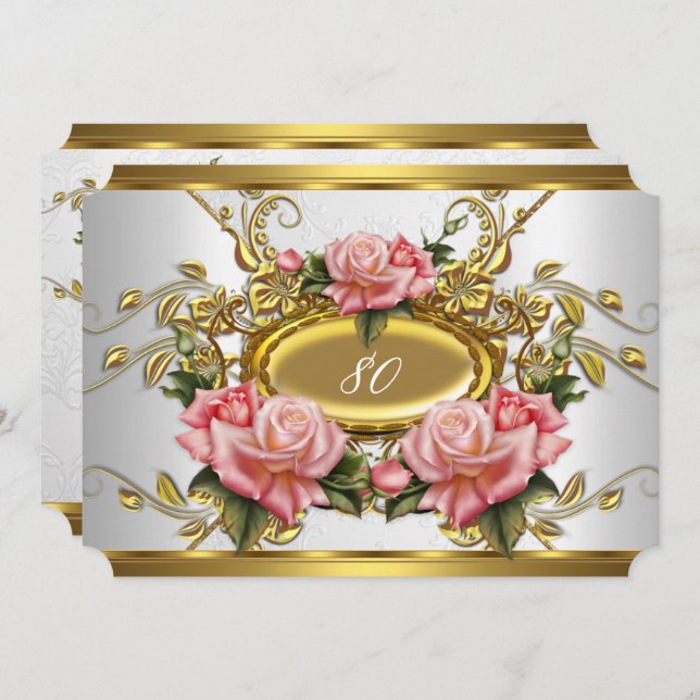 Elegant 80th Birthday Party Pink Gold Roses White Invitation (Front/Back)