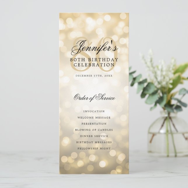 Elegant 80th Birthday Party Program Gold Bokeh (Standing Front)