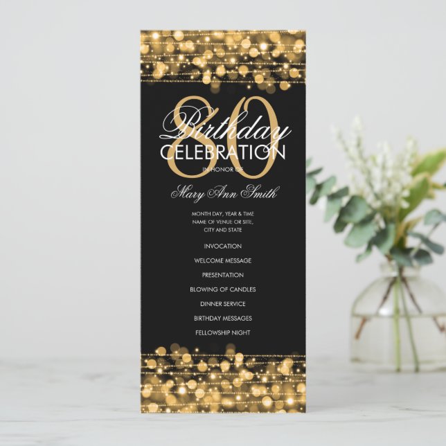 Elegant 80th Birthday Party Program Gold w/ Menu (Standing Front)