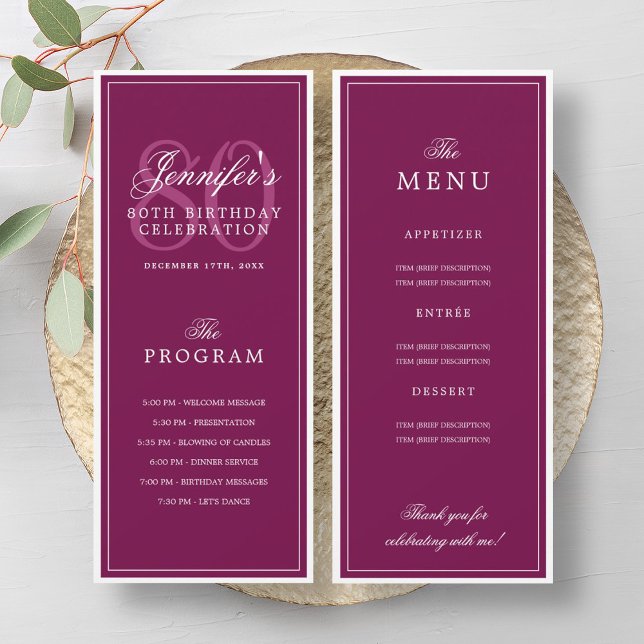 Elegant 80th Birthday Party Program + Menu Magenta (Creator Uploaded)