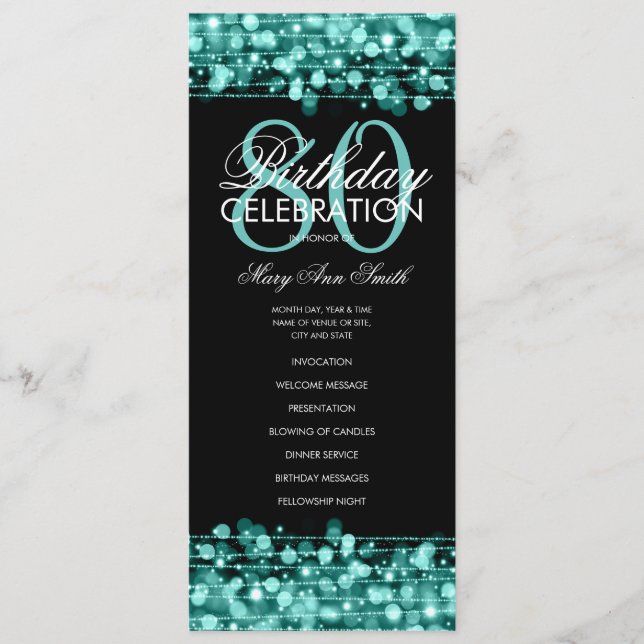 Elegant 80th Birthday Party Program Teal Menu (Front)