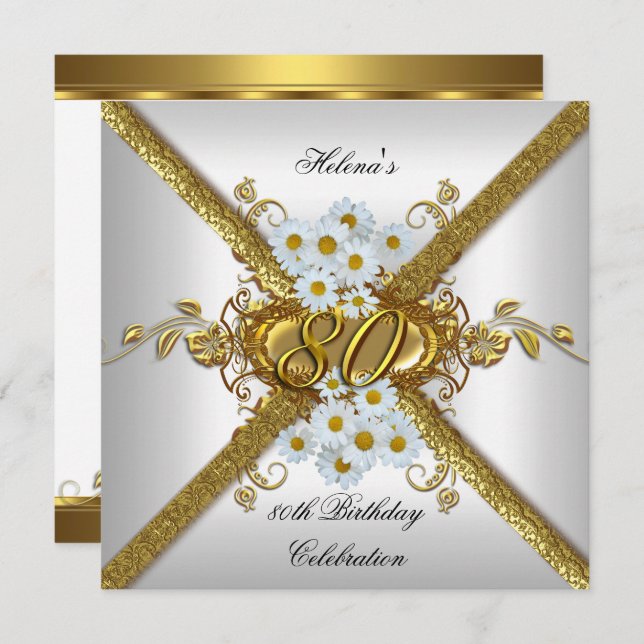 Elegant 80th Birthday Party White Daisy Gold Invitation (Front/Back)