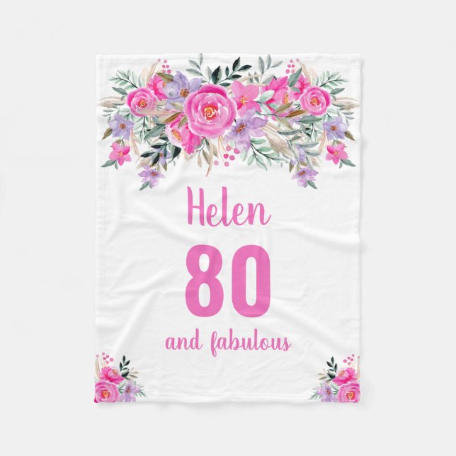 Elegant 80th birthday pink floral  fleece blanket (Front)