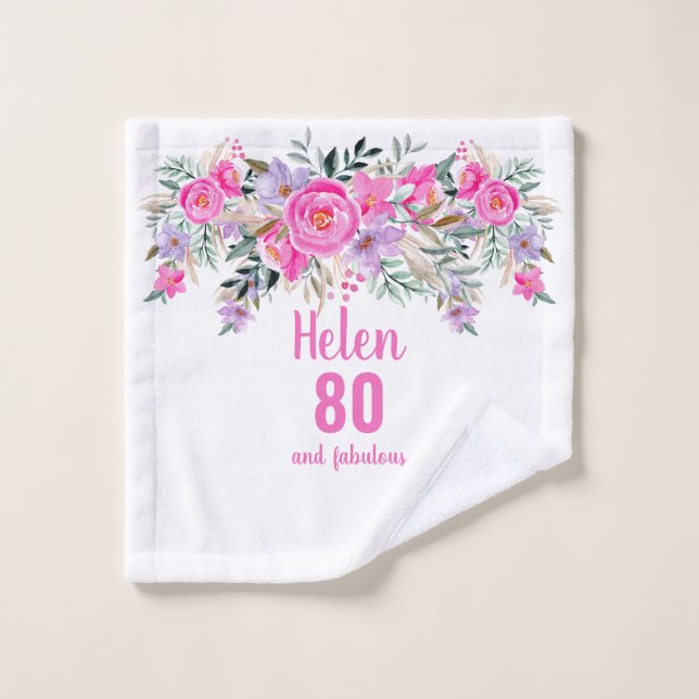 Elegant 80th birthday pink floral  fleece blanket wash cloth (Wash Cloth)