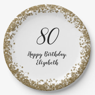 Elegant 80th Birthday Plates With Gold Sequins