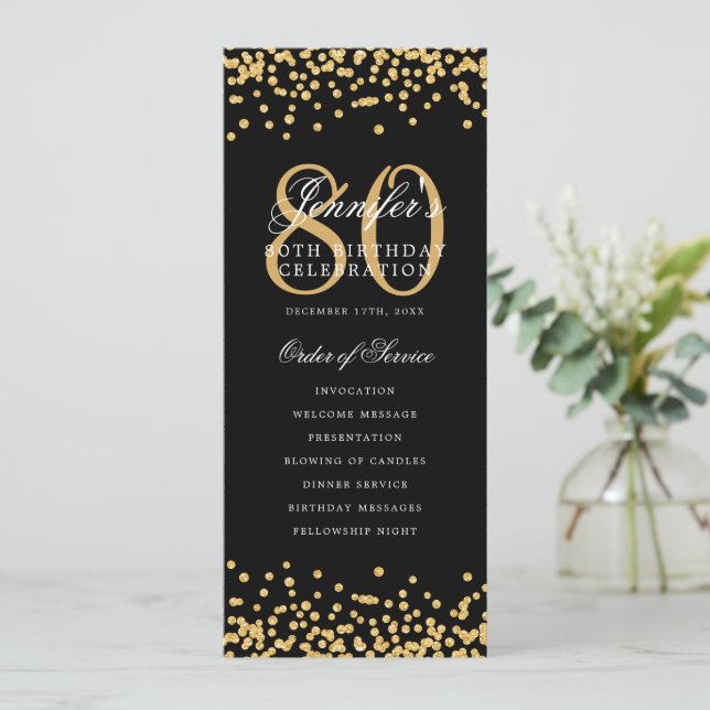 Elegant 80th Birthday Program Gold Black Confetti (Standing Front)