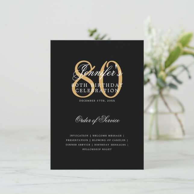 Elegant 80th Birthday Program Gold Black w/ Menu (Standing Front)