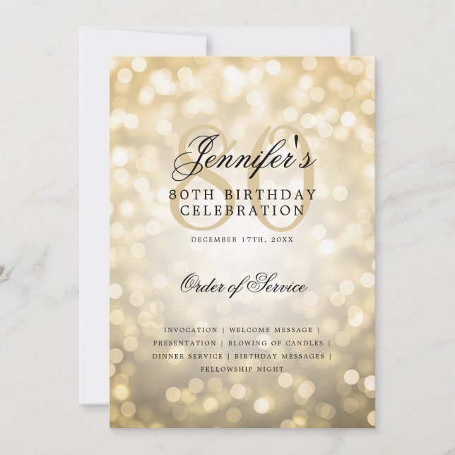 Elegant 80th Birthday Program Gold Bokeh w/ Menu (Front)