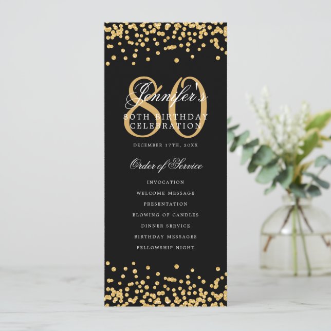 Elegant 80th Birthday Program Gold Confetti Menu (Standing Front)