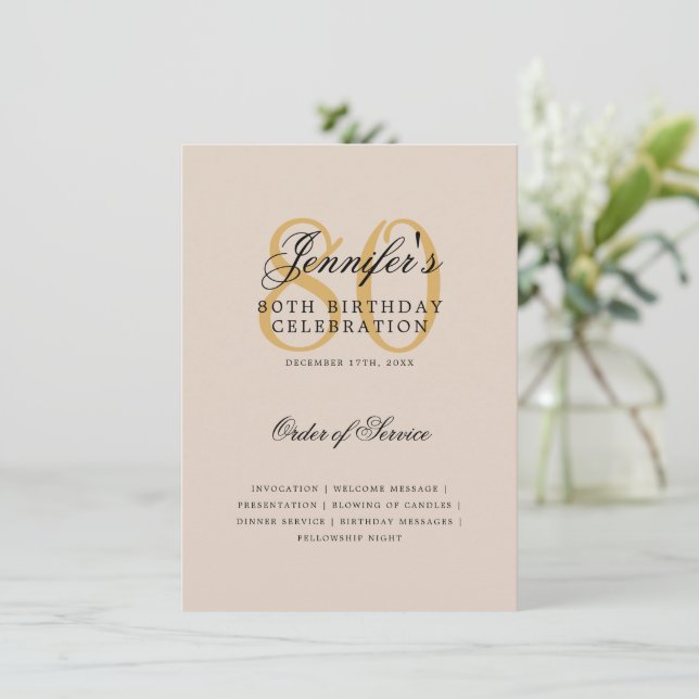 Elegant 80th Birthday Program Gold Menu Champagne (Standing Front)