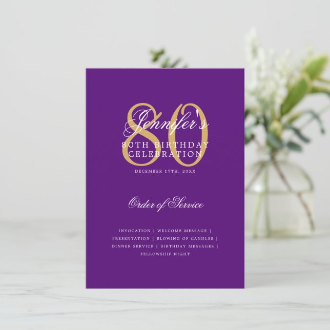 Elegant 80th Birthday Program Gold Purple Menu (Standing Front)