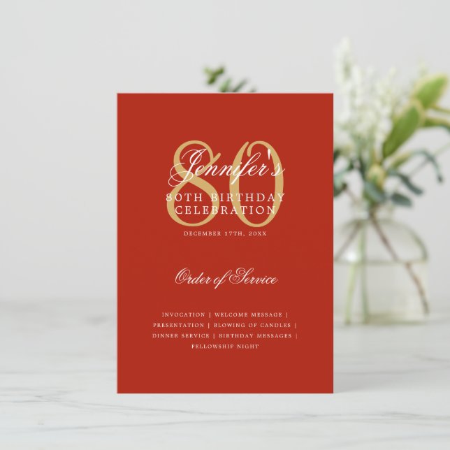 Elegant 80th Birthday Program Gold Red Menu (Standing Front)