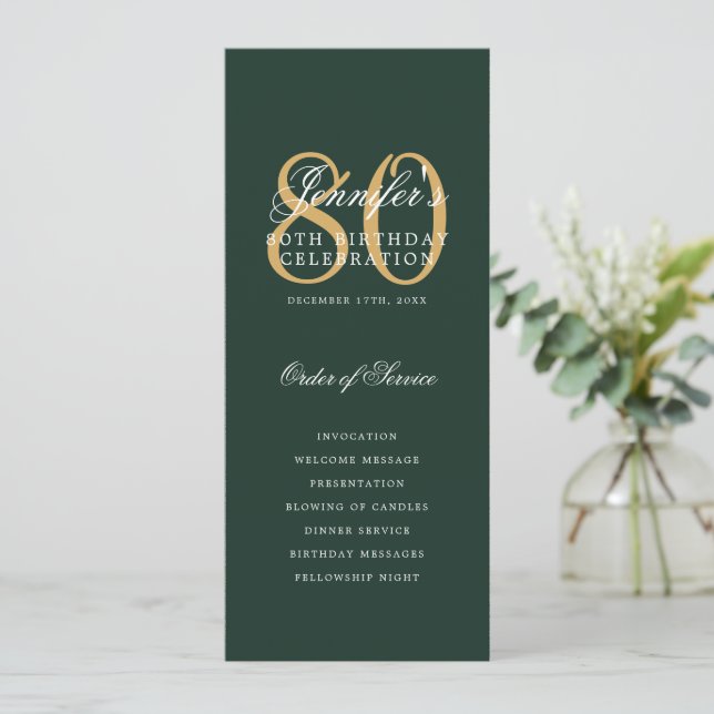 Elegant 80th Birthday Program Green Gold  (Standing Front)