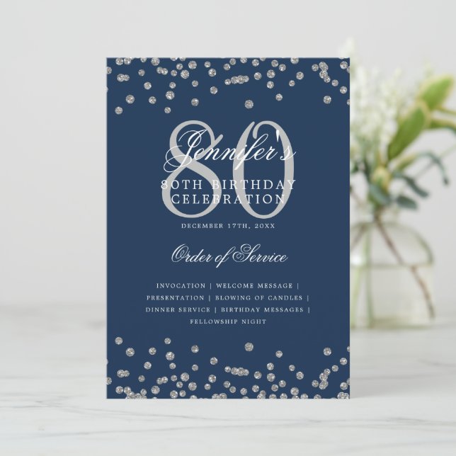 Elegant 80th Birthday Program Menu Silver Navy Blu (Standing Front)