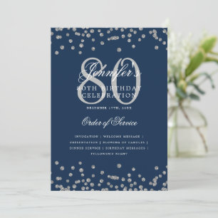 Elegant 80th Birthday Program Menu Silver Navy Blu