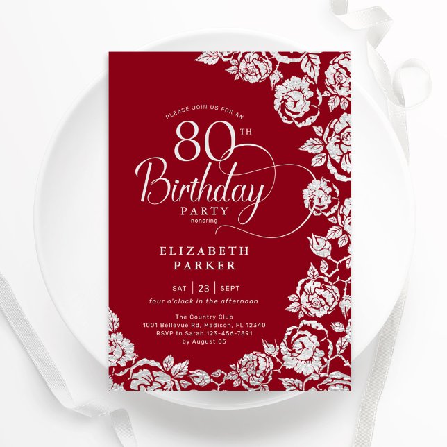 Elegant 80th Birthday Red Silver Roses Invitation (Creator Uploaded)
