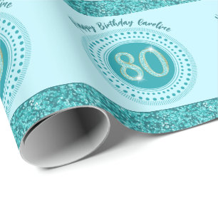 Elegant 80th Birthday Teal Blue Glitter & Stripes Wrapping Paper