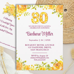 Elegant 80th Birthday Yellow Roses Floral Invitation