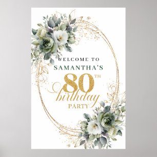 Elegant 80th Boho Greenery Gold Welcome Sign