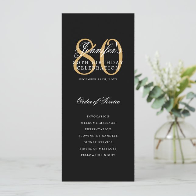 Elegant 80th Program Gold Black Menu+Thank You (Standing Front)