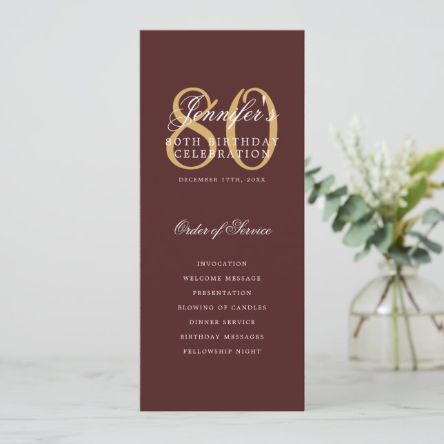 Elegant 80th Program Gold Burgundy Menu+Thank You (Standing Front)